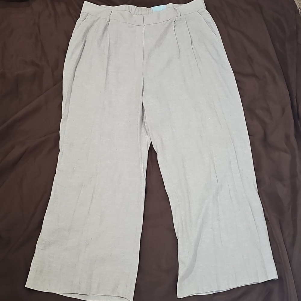 Blue Sol Wide Leg Linen Blend Beige Pants Elastic Waist Pockets Plus Size 1X
